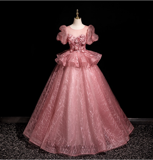 Gorgeous Princess Pink Crew Neck Puff Sleeve Tulle Ball Gown Prom Dresses Sweet 16 Dresses Secondary image