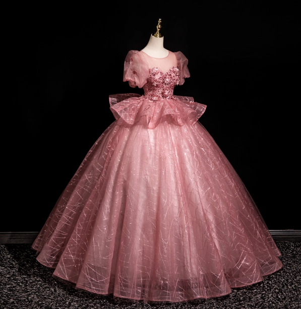 Gorgeous Princess Pink Crew Neck Puff Sleeve Tulle Ball Gown Prom Dresses Sweet 16 Dresses