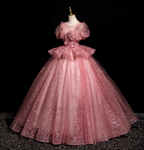 Gorgeous Princess Pink Crew Neck Puff Sleeve Tulle Ball Gown Prom Dresses Sweet 16 Dresses