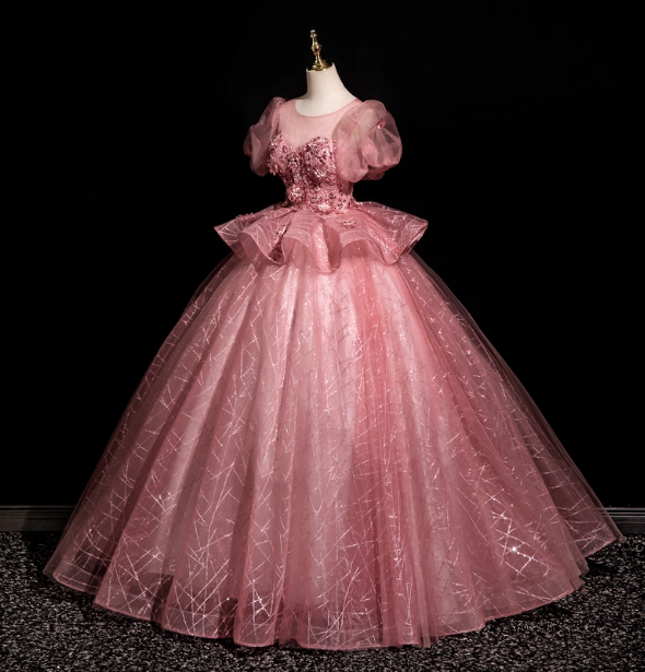 Gorgeous Princess Pink Crew Neck Puff Sleeve Tulle Ball Gown Prom Dresses Sweet 16 Dresses