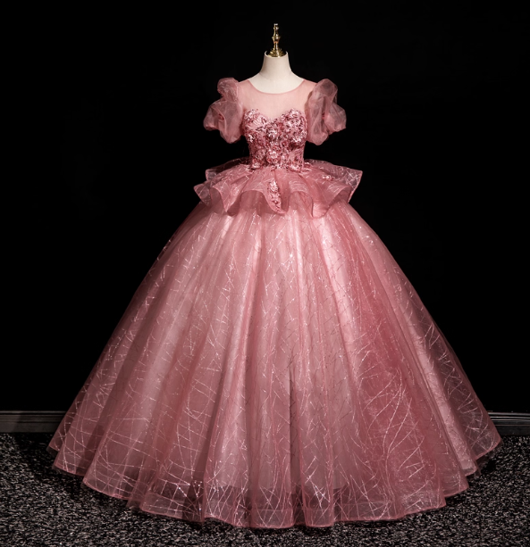 Gorgeous Princess Pink Crew Neck Puff Sleeve Tulle Ball Gown Prom Dresses Sweet 16 Dresses Main image