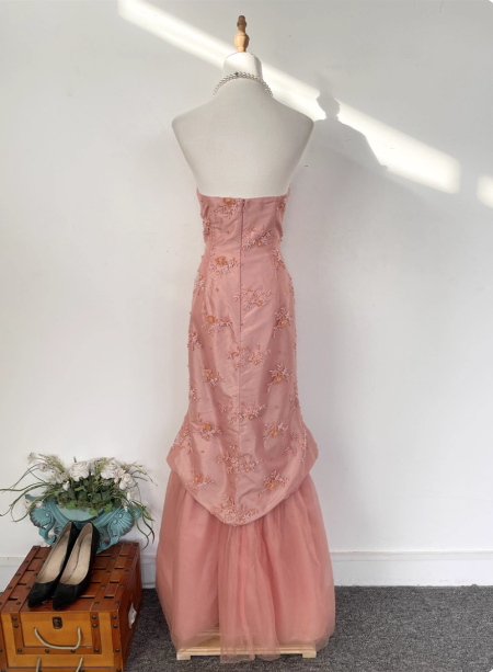 Gorgeous Princess Pink Mermaid Sweetheart Neck Embroidered Floral Satin Tulle Long Formal Prom Dresses