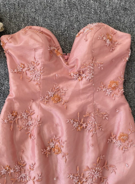 Gorgeous Princess Pink Mermaid Sweetheart Neck Embroidered Floral Satin Tulle Long Formal Prom Dresses
