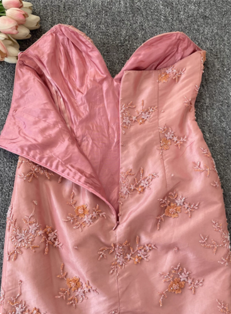 Gorgeous Princess Pink Mermaid Sweetheart Neck Embroidered Floral Satin Tulle Long Formal Prom Dresses