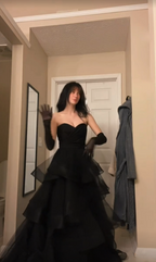 Princess A Line Sweetheart Neck Black Tiered Tulle Long Formal Prom Dresses Formal Evening Dresses