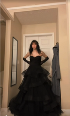 Princess A Line Sweetheart Neck Black Tiered Tulle Long Formal Prom Dresses Formal Evening Dresses