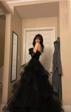 Princess A Line Sweetheart Neck Black Tiered Tulle Long Formal Prom Dresses Formal Evening Dresses