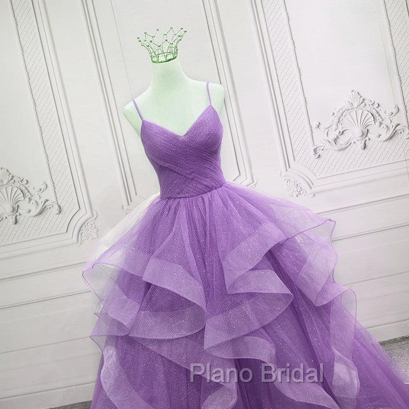 Gorgeous Purple Straps Layers Tulle V-neckline Long Evening Dresses, Light Purple Formal Prom Dresses Secondary image