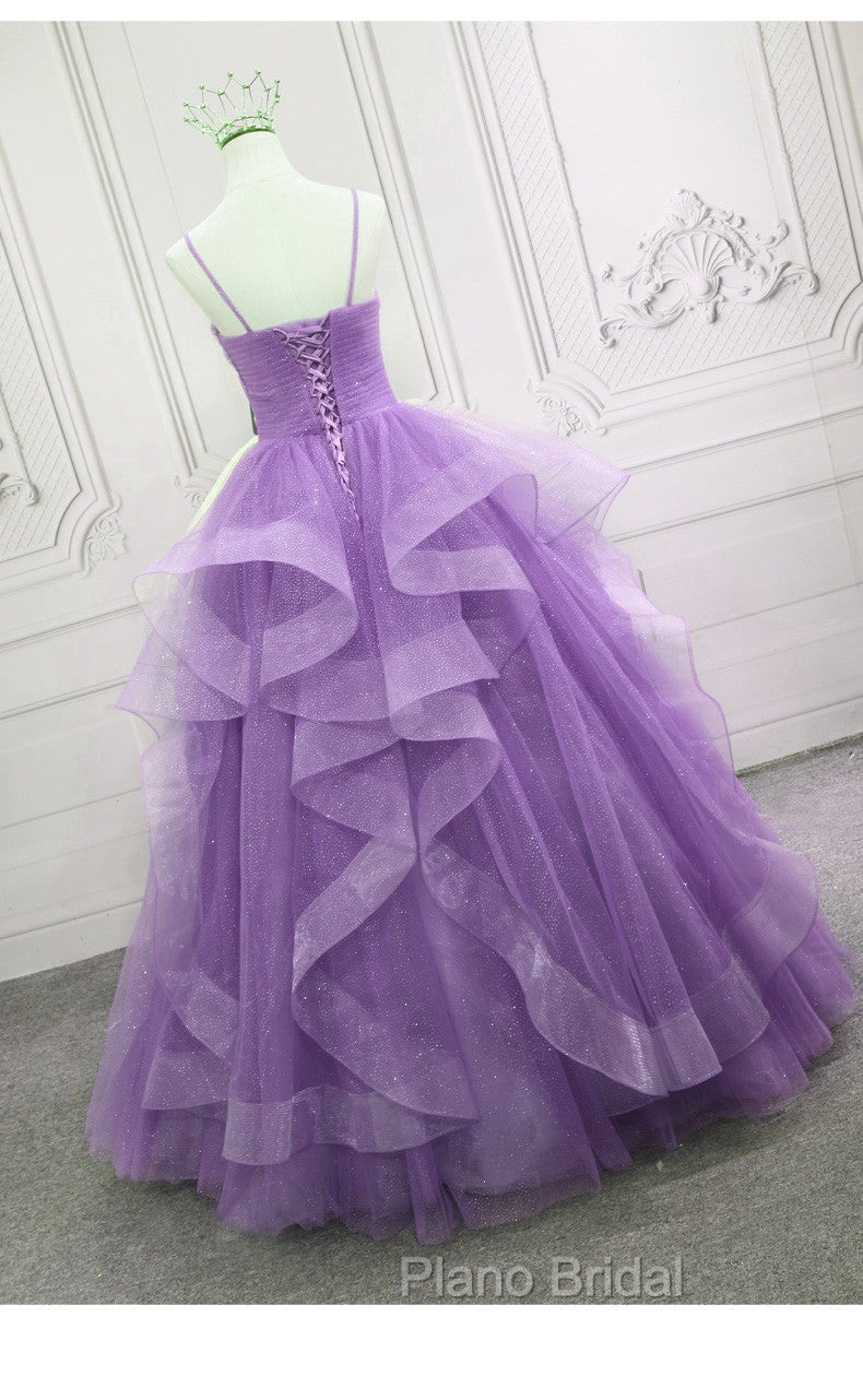 Gorgeous Purple Straps Layers Tulle V-neckline Long Evening Dresses, Light Purple Formal Prom Dresses