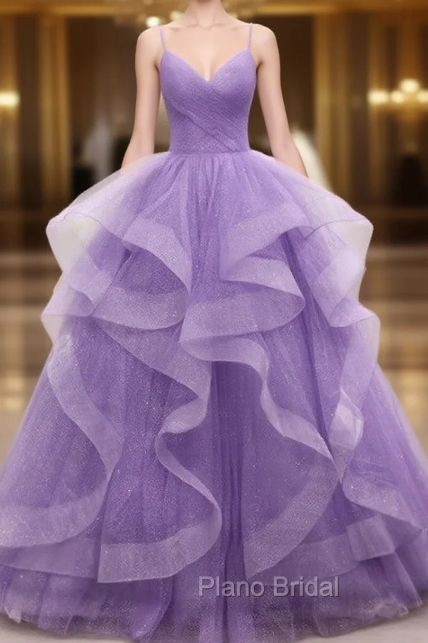 Gorgeous Purple Straps Layers Tulle V-neckline Long Evening Dresses, Light Purple Formal Prom Dresses