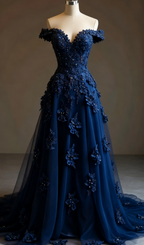 Gorgeous Red A-Line Off-The-Shoulder Tulle Beaded Long Formal Prom Dresses Formal Applique Formal Evening Dresses