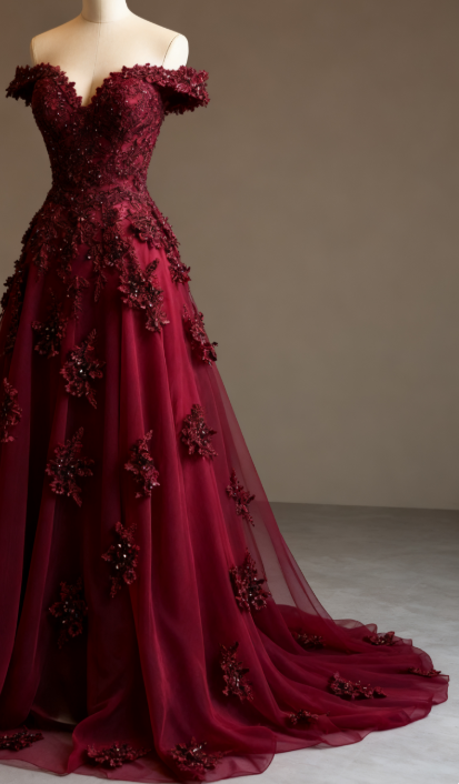 Gorgeous Red A-Line Off-The-Shoulder Tulle Beaded Long Formal Prom Dresses Formal Applique Formal Evening Dresses Secondary image