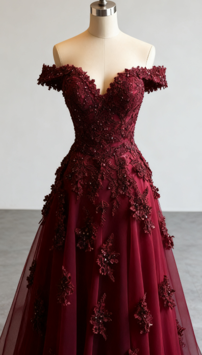 Gorgeous Red A-Line Off-The-Shoulder Tulle Beaded Long Formal Prom Dresses Formal Applique Formal Evening Dresses