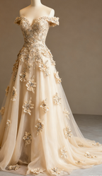Gorgeous Red A-Line Off-The-Shoulder Tulle Beaded Long Formal Prom Dresses Formal Applique Formal Evening Dresses