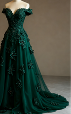 Gorgeous Red A-Line Off-The-Shoulder Tulle Beaded Long Formal Prom Dresses Formal Applique Formal Evening Dresses