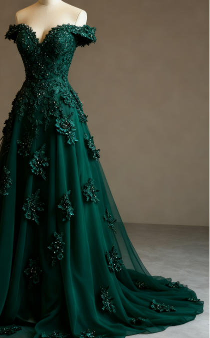 Gorgeous Red A-Line Off-The-Shoulder Tulle Beaded Long Formal Prom Dresses Formal Applique Formal Evening Dresses