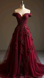 Gorgeous Red A-Line Off-The-Shoulder Tulle Beaded Long Formal Prom Dresses Formal Applique Formal Evening Dresses