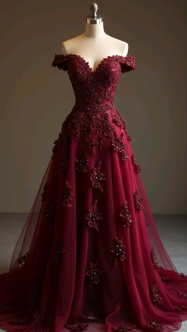 Gorgeous Red A-Line Off-The-Shoulder Tulle Beaded Long Formal Prom Dresses Formal Applique Formal Evening Dresses