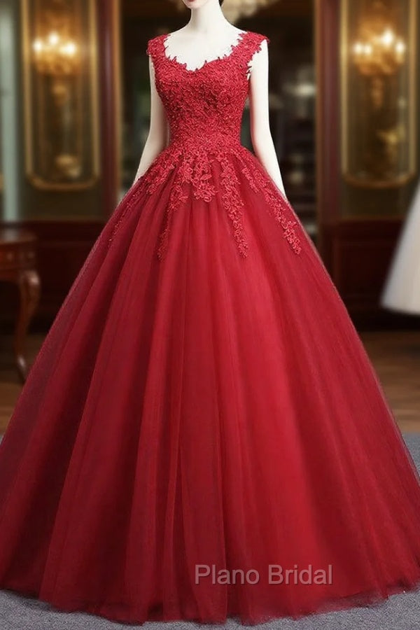 Gorgeous Red Ball Gown Sweet 16 Gown, Red Tulle with Lace Applique Party Dresses