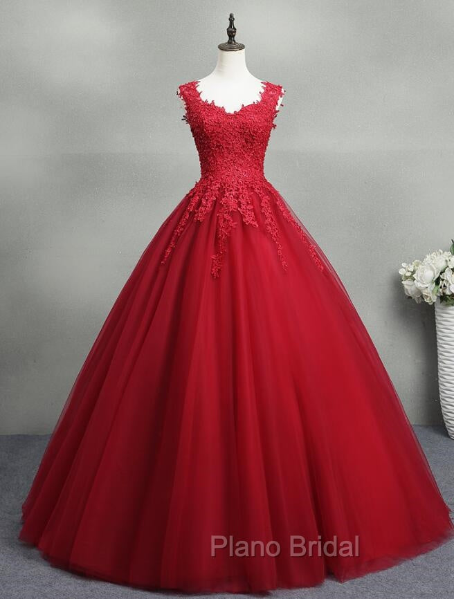 Gorgeous Red Ball Gown Sweet 16 Gown, Red Tulle with Lace Applique Party Dresses Main image