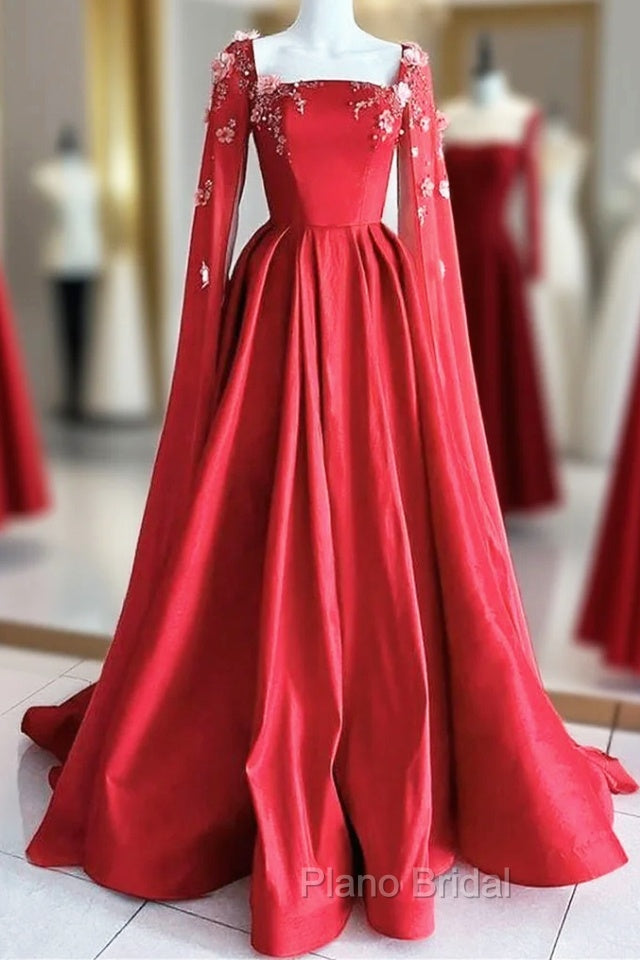 Gorgeous Red Satin Appliques Formal Prom Dresses,Formal A Line Party Evening Dresses With Cape