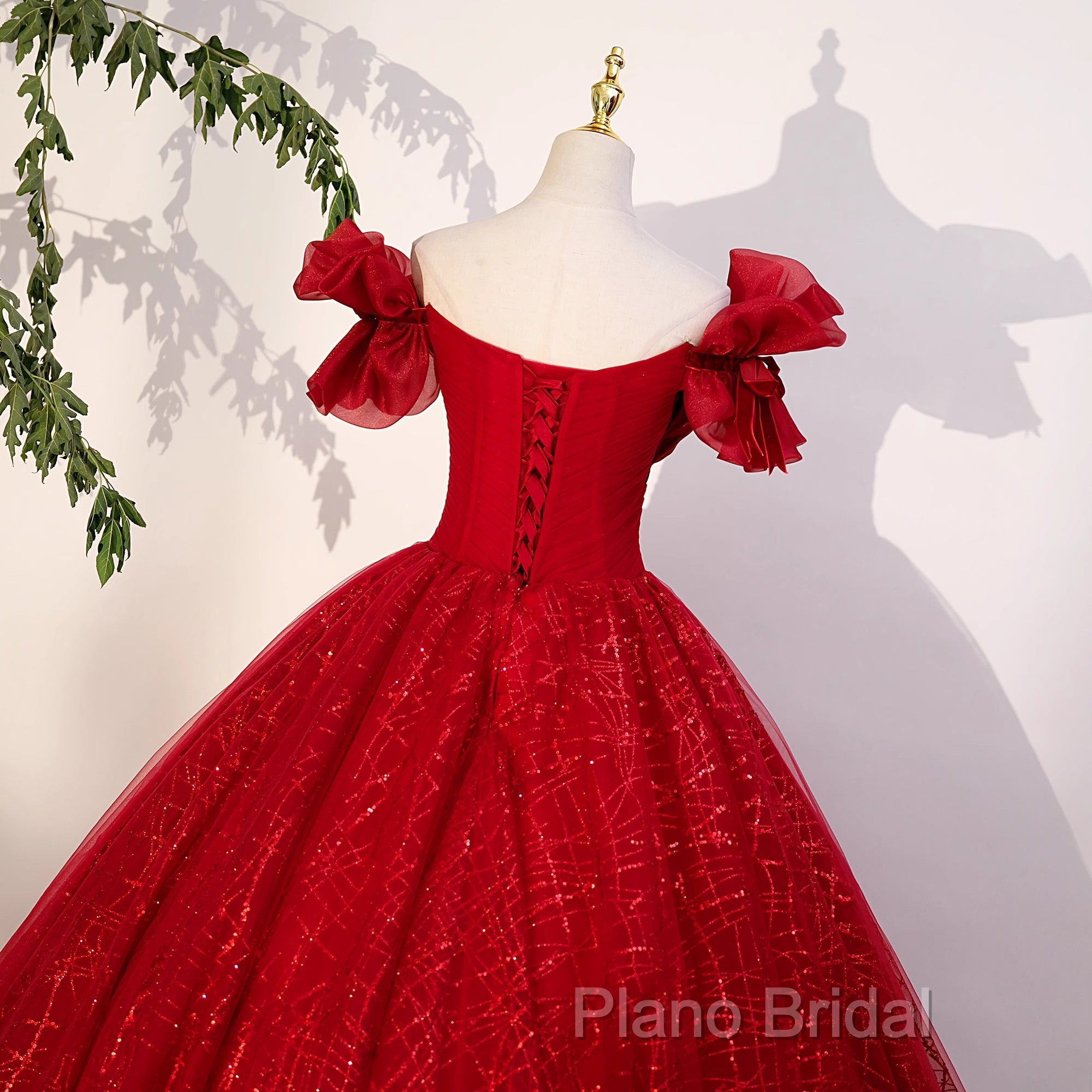 Gorgeous Red Tulle Ball Gown Off Shoulder Sweet 16 Dresses, Red Long Formal Dresses