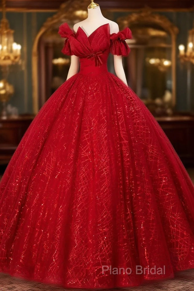Gorgeous Red Tulle Ball Gown Off Shoulder Sweet 16 Dresses, Red Long Formal Dresses