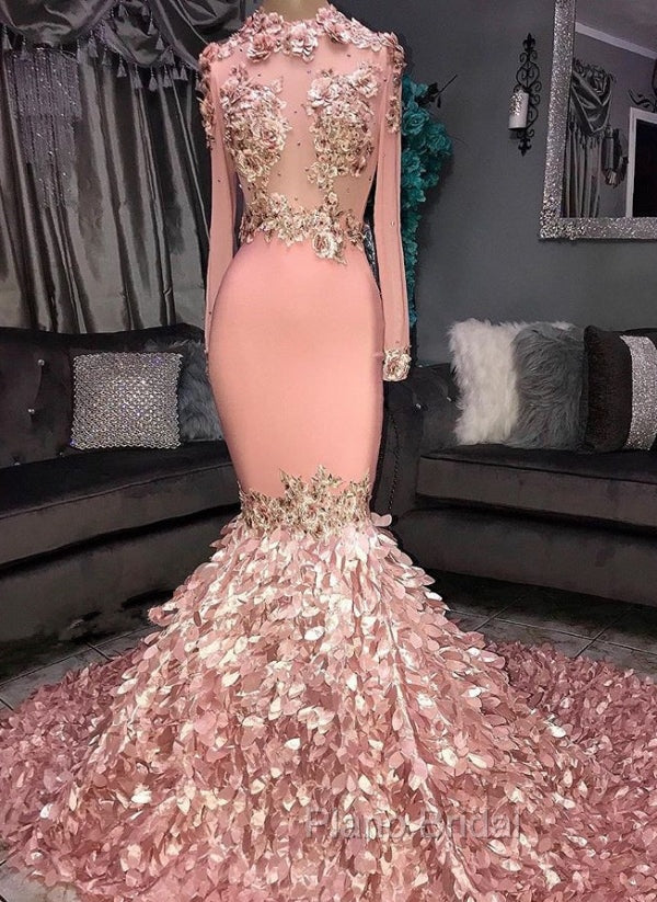 Gorgeous Round Neck Flower Long Sleevess Sequins Mermaid Formal Prom Dresses