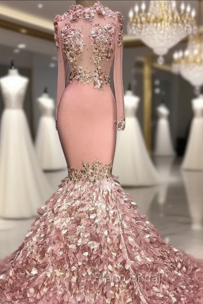 Gorgeous Round Neck Flower Long Sleevess Sequins Mermaid Formal Prom Dresses