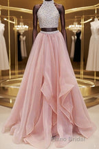 Gorgeous Round Neck Two Pieces Long Formal Prom Dresses, 2 Pieces Formal Evening Dresses