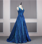 Gorgeous Royal Blue A-Line V-Neck Backless Satin Train Formal Prom Dresses