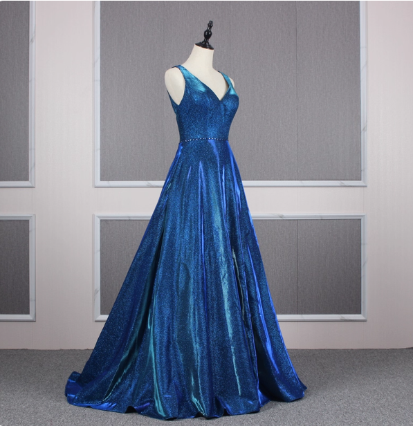 Gorgeous Royal Blue A-Line V-Neck Backless Satin Train Formal Prom Dresses