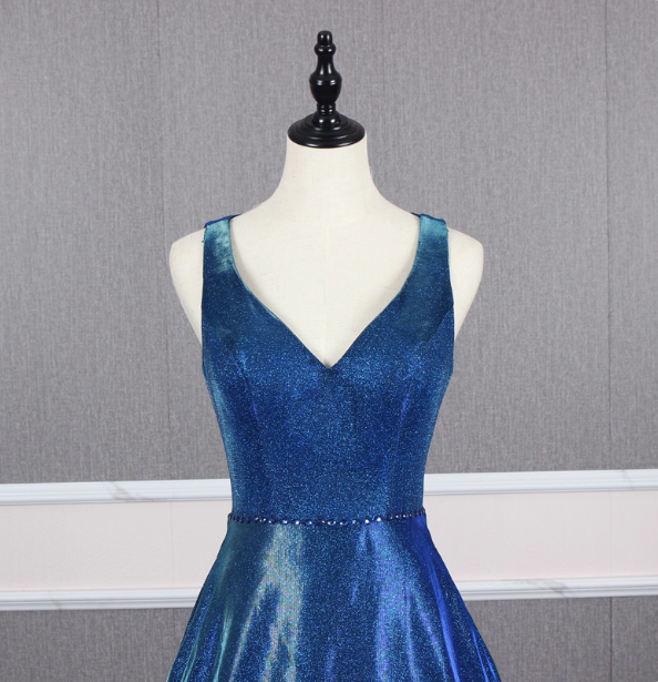 Gorgeous Royal Blue A-Line V-Neck Backless Satin Train Formal Prom Dresses