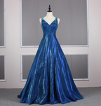 Gorgeous Royal Blue A-Line V-Neck Backless Satin Train Formal Prom Dresses