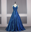 Gorgeous Royal Blue A-Line V-Neck Backless Satin Train Formal Prom Dresses