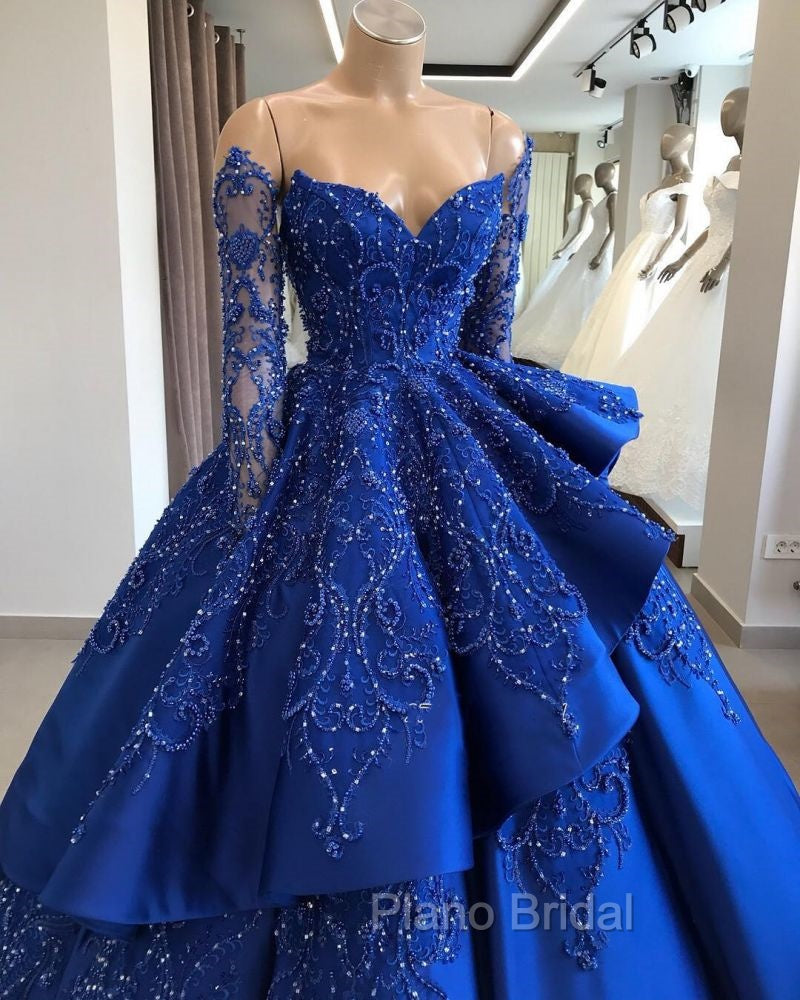 Gorgeous Royal Blue Lace Ruffled Formal Prom Party Gowns| Strapless Sweetheart Beads Quinceanera Dresses Secondary image