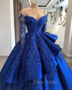 Gorgeous Royal Blue Lace Ruffled Formal Prom Party Gowns| Strapless Sweetheart Beads Quinceanera Dresses