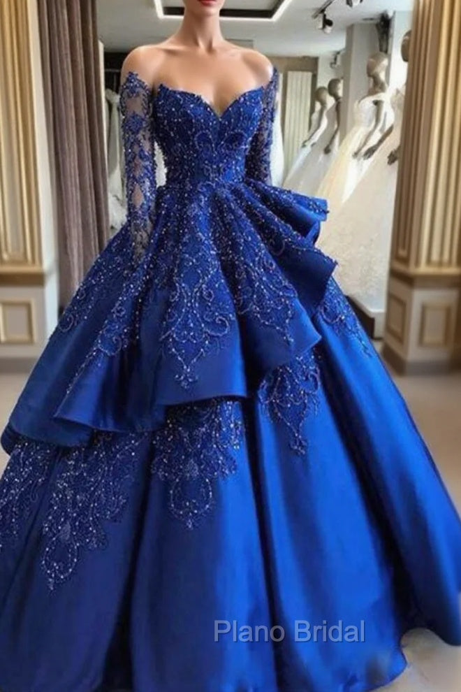 Gorgeous Royal Blue Lace Ruffled Formal Prom Party Gowns| Strapless Sweetheart Beads Quinceanera Dresses Main image