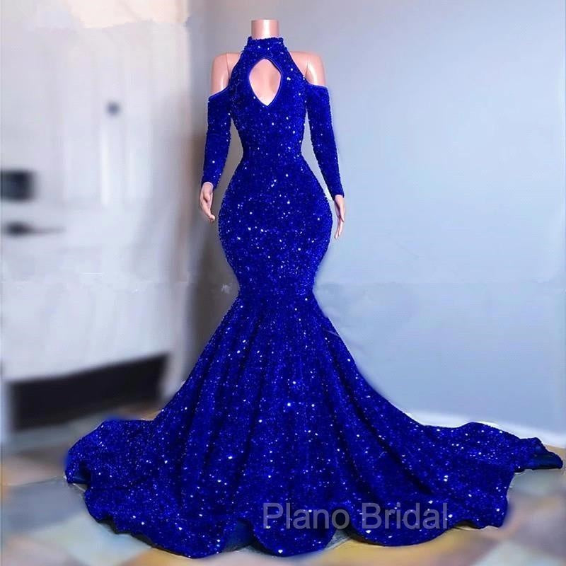 Gorgeous Royal Blue Long Sleeves Formal Prom Dresses Mermaid Long With Sequins Secondary image