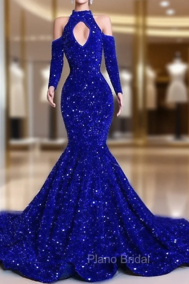 Gorgeous Royal Blue Long Sleeves Formal Prom Dresses Mermaid Long With Sequins Main image