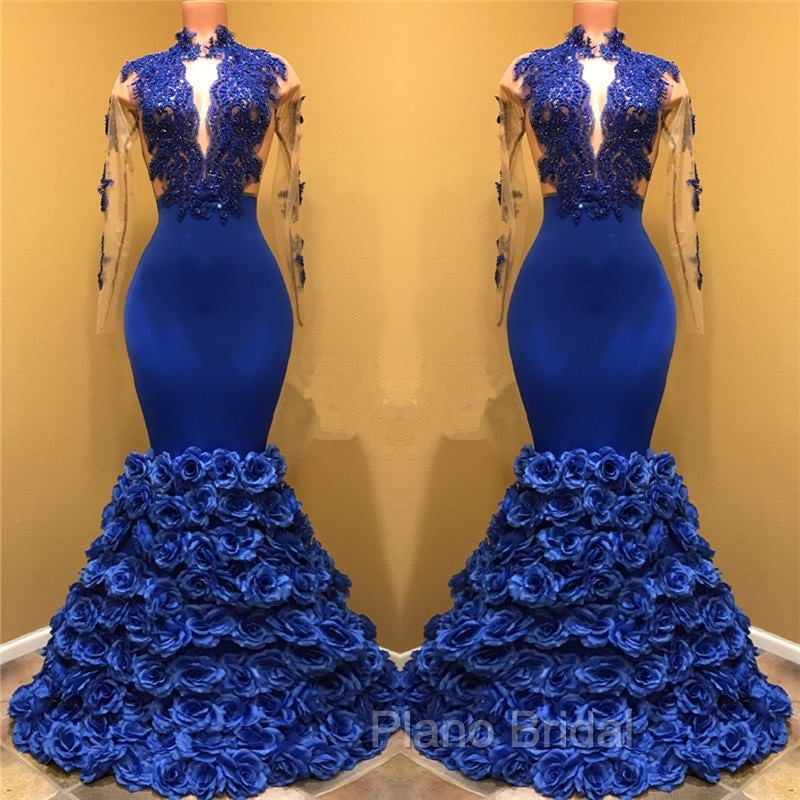 Gorgeous Royal Blue Formal Prom Dresses Long Sleevess Evening Gowns with Rose Flowers Secondary image