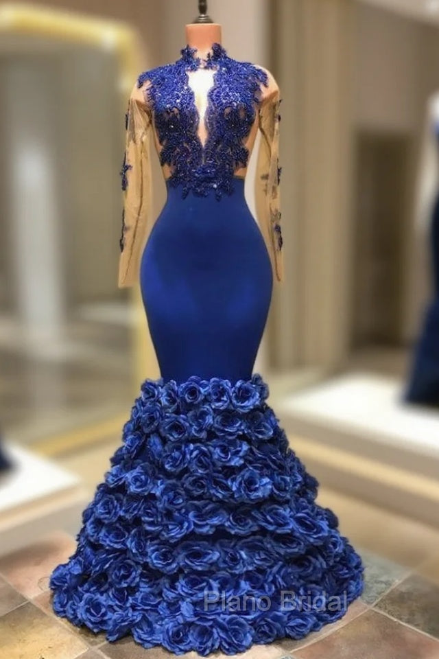 Gorgeous Royal Blue Formal Prom Dresses Long Sleevess Evening Gowns with Rose Flowers Main image