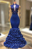 Gorgeous Royal Blue Formal Prom Dresses Long Sleevess Evening Gowns with Rose Flowers