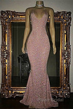Gorgeous Sequined Mermaid Spaghetti-Strap Long Sleevesless Formal Prom Party Gowns