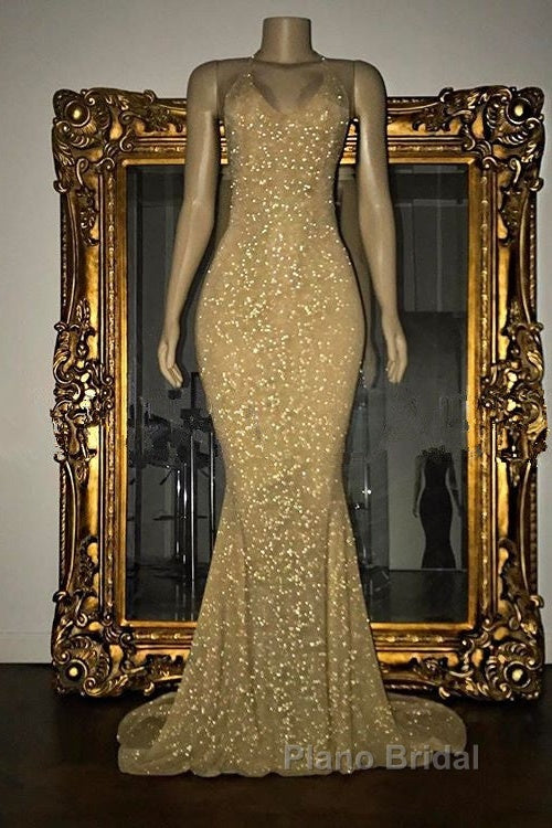 Gorgeous Sequined Mermaid Spaghetti-Strap Long Sleevesless Formal Prom Party Gowns