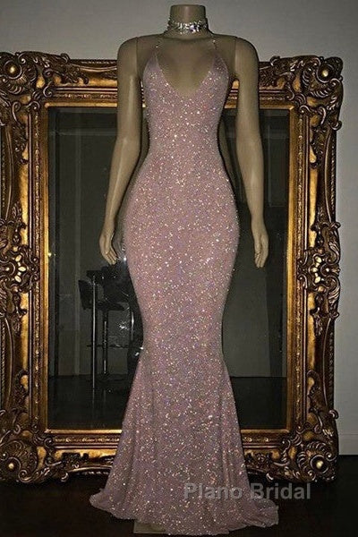 Gorgeous Sequined Mermaid Spaghetti-Strap Long Sleevesless Formal Prom Party Gowns