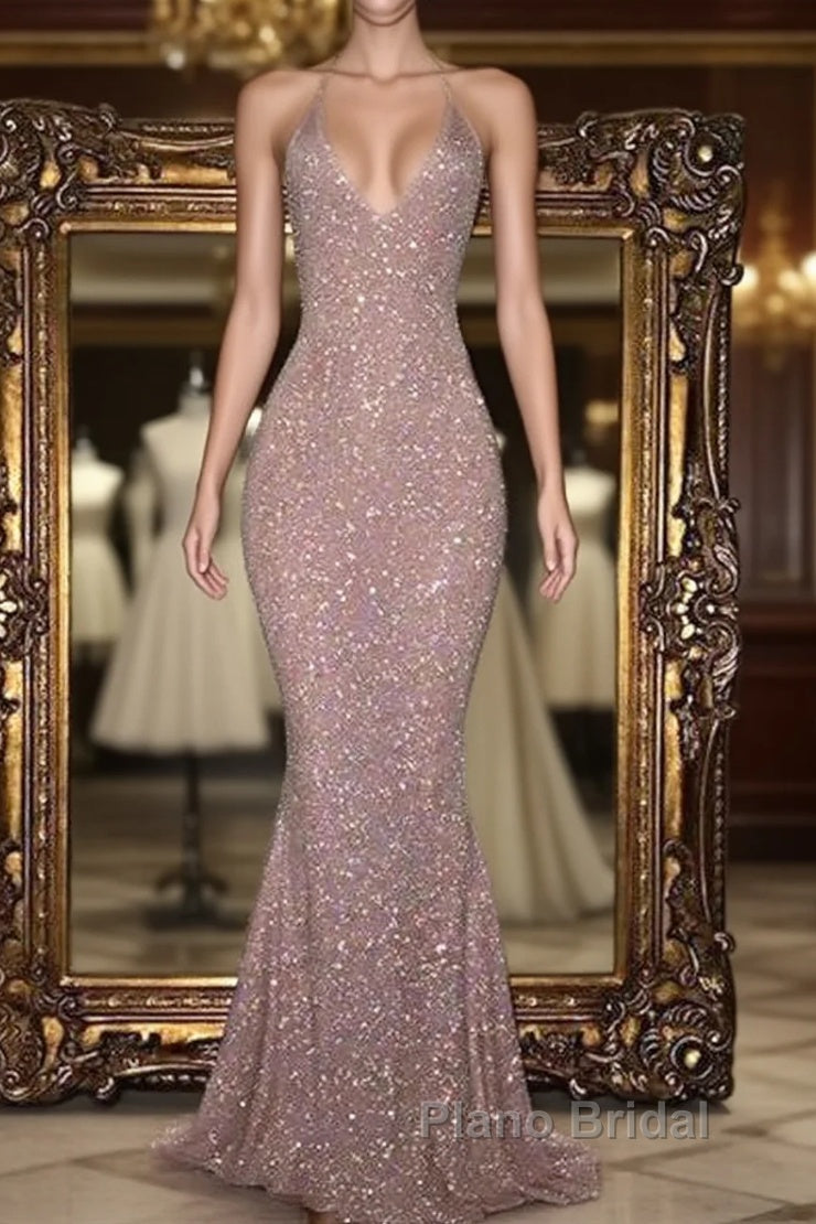 Gorgeous Sequined Mermaid Spaghetti-Strap Long Sleevesless Formal Prom Party Gowns Main image