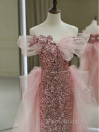 Gorgeous Sheath Off The Shoulder Pink Sequin Long Evening Dresses Formal Prom Dresses Birthday Outfits