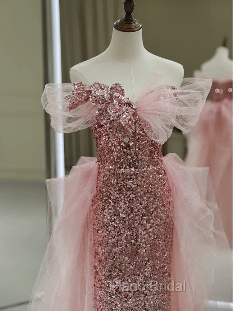 Gorgeous Sheath Off The Shoulder Pink Sequin Long Evening Dresses Formal Prom Dresses Birthday Outfits