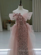Gorgeous Sheath Off The Shoulder Pink Sequin Long Evening Dresses Formal Prom Dresses Birthday Outfits